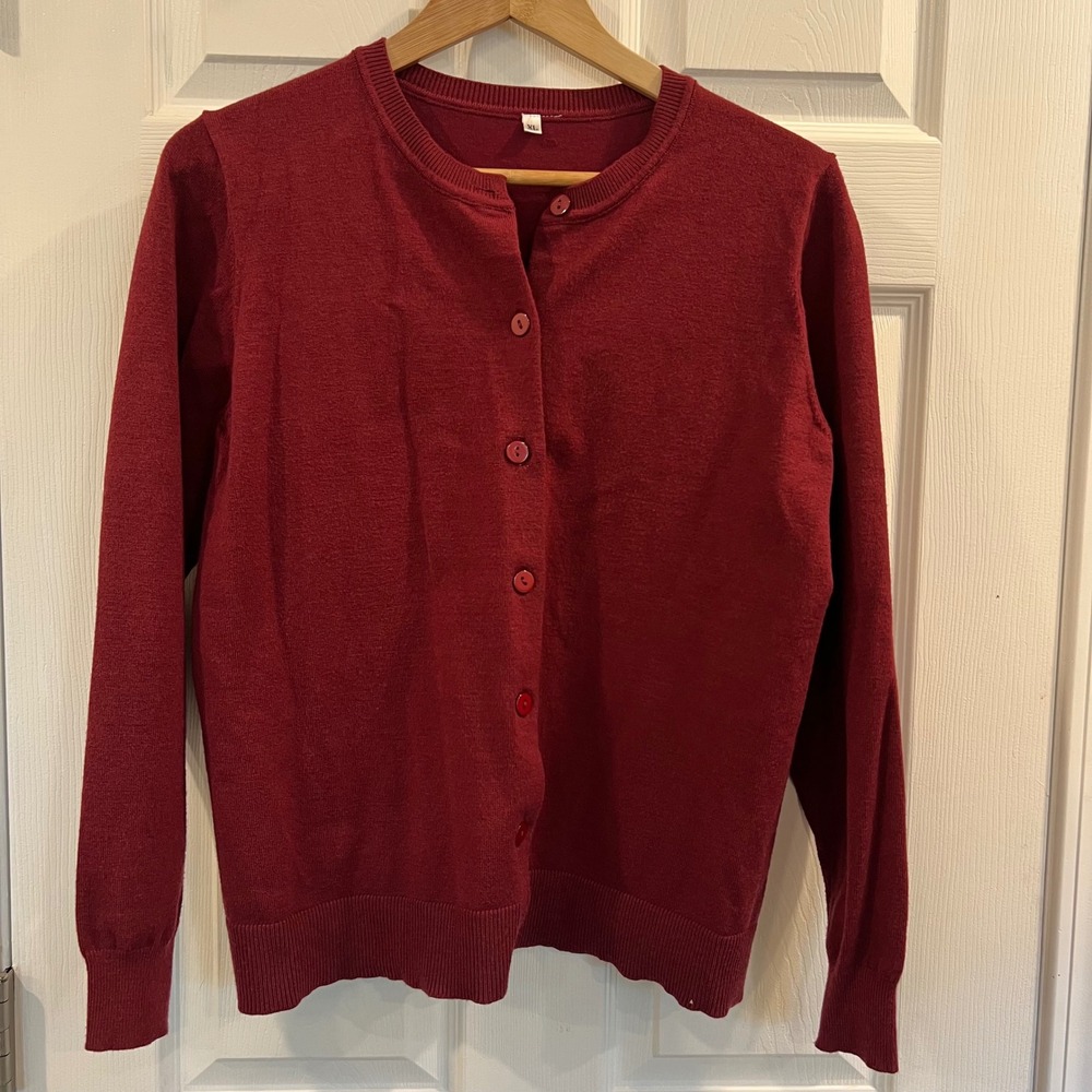 Burgundy Red Crewneck Button Front Cardigan Sweater XL Viscose Blend